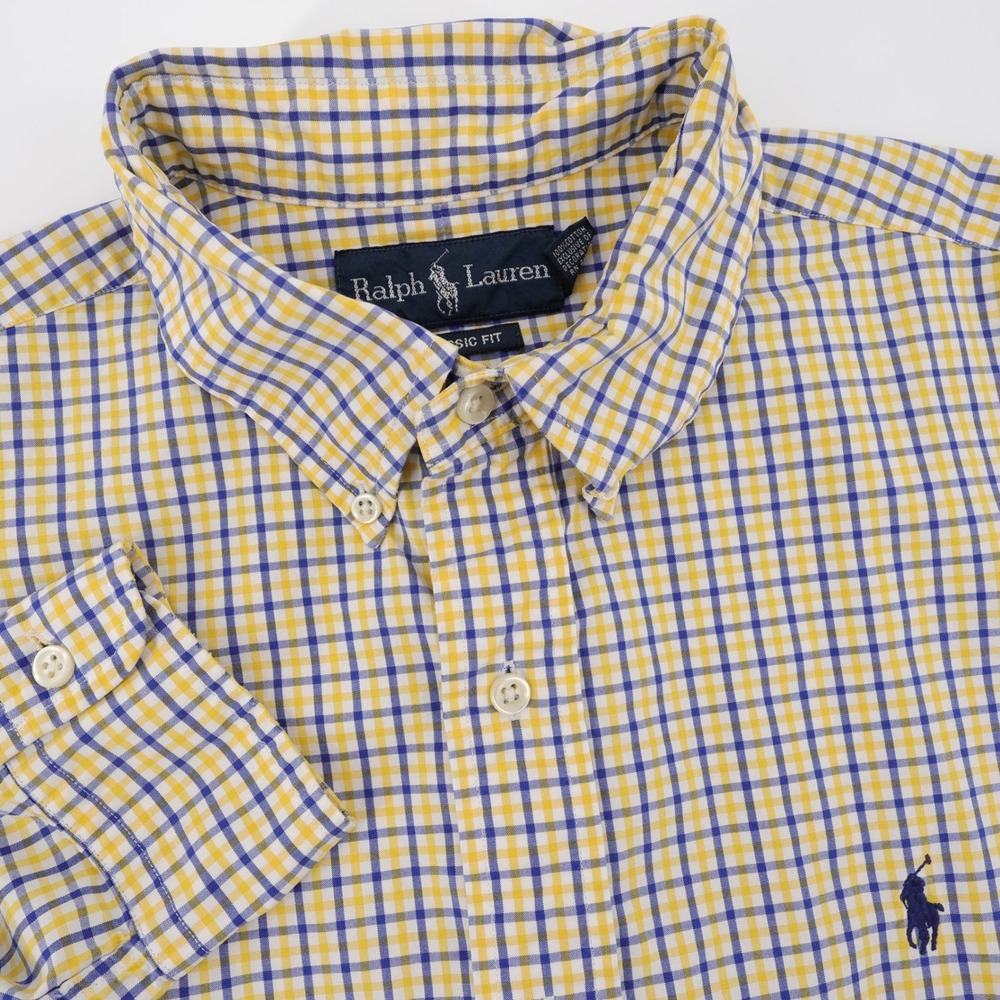 Ralph Lauren Classic Fit Tattersall Shirt Yellow Blue Long Sleeve Mens Large